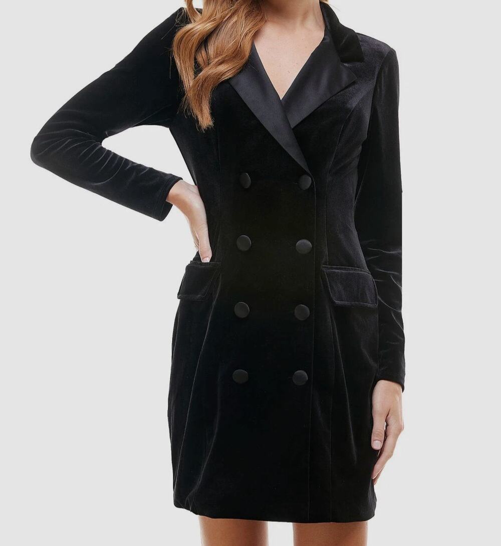 City Studio Black Velvet Long Blazer Dress Double Breasted Tuxedo Style Large